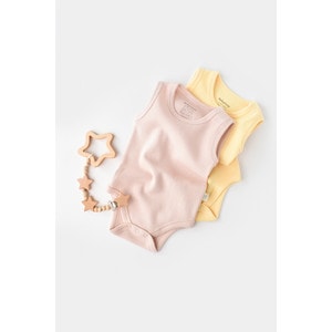 Set 2 body-uri fara maneci bebe unisex, bumbac organic, galben/roz, Baby Cosy, marime 6-9 luni