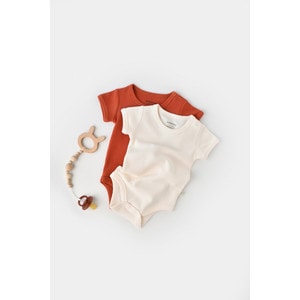Set 2 body-uri bebe unisex, bumbac organic, maro/crem