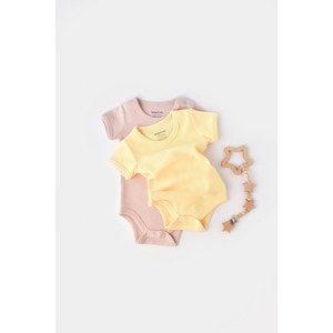 Set 2 body-uri bebe unisex, bumbac organic, galben/roz
