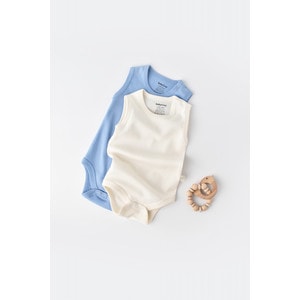 Set 2 body-uri fara maneci bebe unisex, bumbac organic, crem/bleu