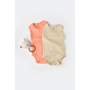 Set 2 body-uri fara maneci bebe unisex, bumbac organic, roz/crem
