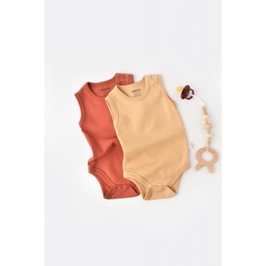 Set 2 body-uri fara maneci bebe unisex, bumbac organic, mustar/ maro