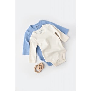 Set 2 body-uri cu maneca lunga bebe unisex, bumbac organic, crem/bleu
