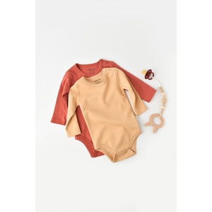 Set 2 body-uri cu maneca lunga bebe unisex, bumbac organic, mustar/maro