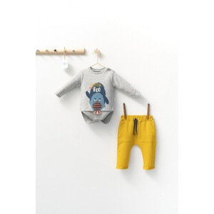 Set cu pantalonasi cu buzunare si body cu maneca lunga pentru bebelusi Monster Tongs baby, galben, marime 9-12 luni