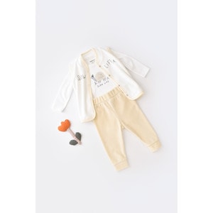 Set 3 piese Baby Cosy broscuta cu body, pantalonasi si vestuta, 80% bumbac organic si 20% poliester, crem, marime 9-12 luni