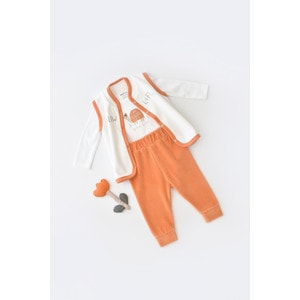 Set 3 piese Baby Cosy broscuta cu body, pantalonasi si vestuta, 80% bumbac organic si 20% poliester, portocaliu, marime 18-24 luni