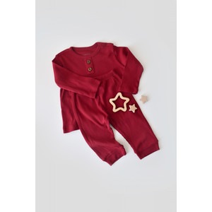 Set bluzita cu maneca lunga si panataloni lungi din bumbac organic si modal - Rosu (Marime: 12-18 Luni)