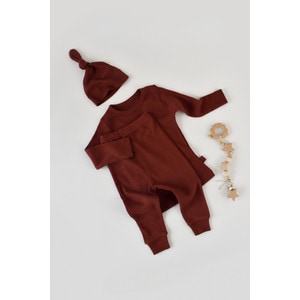 Set 3 piese: bluzita cu maneca lunga, panataloni lungi si caciulita Baby Cosy, bumbac organic si modal