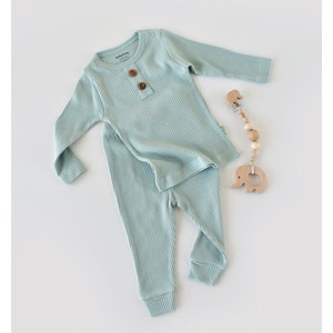 Set bluzita cu maneca lunga si panataloni lungi din bumbac organic si modal - Mint (Marime: 9-12 luni)