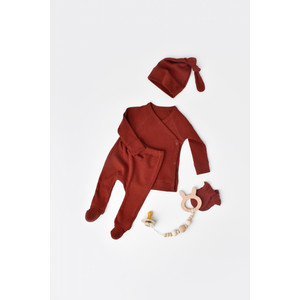 Set 4 piese: bluza, pantaloni, caciulita si manusi din bumbac organic si modal - Rosu, Baby Cosy (Marime: 3-6 Luni)