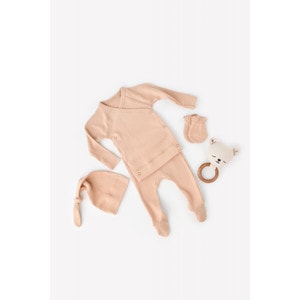 Set 4 piese: bluza, pantaloni, caciulita si manusi bumbac organic si modal Baby Cosy