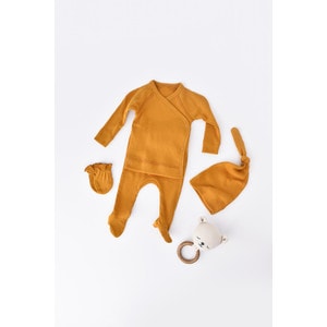 Set 4 piese: bluza, pantaloni, caciulita si manusi bumbac organic si modal Baby Cosy