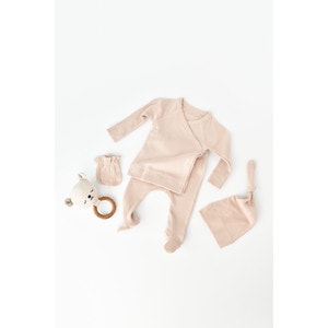 Set 4 piese: bluza, pantaloni, caciulita si manusi bumbac organic si modal Baby Cosy