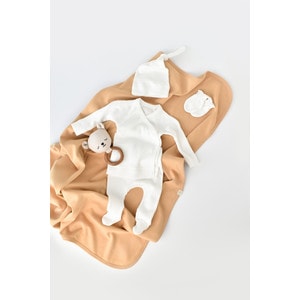 Set 4 piese: bluza, pantaloni, caciulita si manusi bumbac organic si modal Baby Cosy