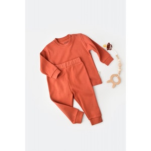 Set bluzita cu maneca lunga si panataloni lungi - bumbac organic 100% - Maro, Baby Cosy (Marime: 12-18 Luni)