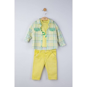 Set 3 piese: blugi, tricou si camasa in carouri pentru bebelusi Tongs Baby, galben, 18-24 luni