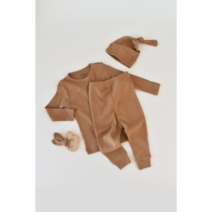 Set 3 piese: bluzita cu maneca lunga, panataloni lungi si caciulita Baby Cosy, bumbac organic si modal