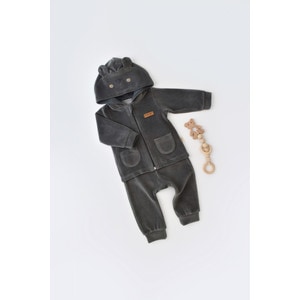 Set Ursulet cu bluzita cu fermoar si gluga si panataloni lungi din 80%bumbac organic si 20% poliester - Gri inchis, Baby Cosy (Marime: 18-24 Luni)