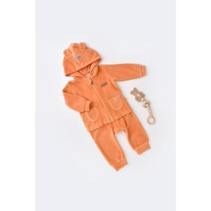 Set Ursulet cu bluzita cu fermoar si gluga si panataloni lungi din 80%bumbac organic si 20% poliester - Portocaliu, Baby Cosy (Marime: 6-9 luni)