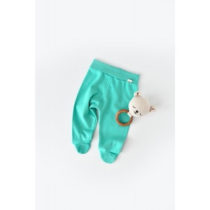 Pantaloni cu botosei, bumbac organic, turcoaz, 3-6 luni