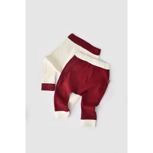 Set 2 pantaloni Ribana bebe Unisex din bumbac organic si 5%elastan, crem/bordo, Baby Cosy, 9-12 luni