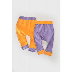 Set 2 pantaloni Ribana bebe Unisex din bumbac organic si 5%elastan, galben/mov, 6-9 luni