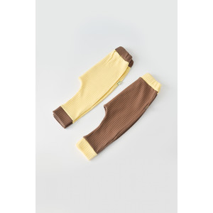 Set 2 pantaloni Ribana bebe Unisex din bumbac organic si 5%elastan, galben/maro, 9-12 luni