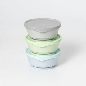 Set 3 boluri cu capac hrana bebelusi Miniware Aqua+Grey+Keylime, 100% materiale naturale biodegradabile, multicolor