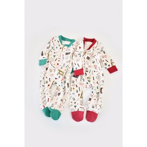 Set 2 salopetele cu maneca lunga si panataloni cu botosei si fermoar BabyCosy, 100% bumbac organic, rosu si verde, 3-6 Luni