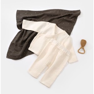 Set bluzita petrecuta si pantaloni lungi din muselina BabyCosy, 100% bumbac organic, crem, 6-9 luni