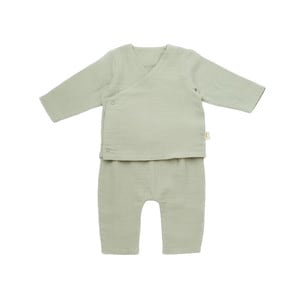 Set bluzita petrecuta si pantaloni lungi din muselina BabyCosy, 100% bumbac organic, verde, 9-12 luni