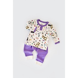 Set bluzita cu maneca lunga si nasturei si pantaloni lungi BabyCosy, 100% bumbac organic, mov, 12-18 luni