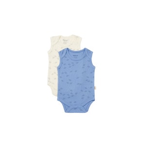 Set 2 body-uri fara maneci Printed BabyCosy, 50% modal+50% bumbac, crem/bleu, 6-9 luni