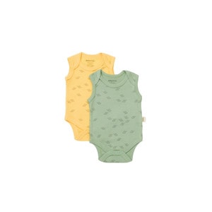 Set 2 body-uri fara maneci Printed BabyCosy, 50% modal+50% bumbac, galben/verde, 12-18 luni