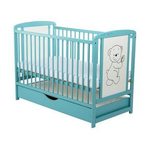 BabyNeeds - Patut lemn Timmi 120x60 cm, sertar capac, lemn de pin si mdf, Stabil si rezistent, Inaltime saltea reglabila pe 3 nivele, Laterala 3 bete detasabile, EN716-1, EN716-2, Mint