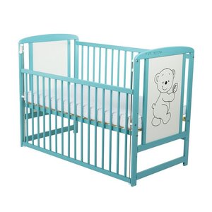 BabyNeeds - Patut lemn Timmi 120x60 cm, laterala culisanta, lemn de pin si mdf, Stabil si rezistent, Inaltime saltea reglabila pe 3 nivele, Laterala 3 bete detasabile, EN716-1, EN716-2, Mint