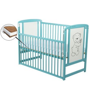 BabyNeeds - Patut lemn Timmi 120x60 cm, laterala culisanta, lemn de pin si mdf, Stabil si rezistent, Inaltime saltea reglabila pe 3 nivele, Laterala 3 bete detasabile, EN716-1, EN716-2, Mint + Saltea 8 cm