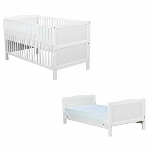 BabyNeeds - Patut lemn Nadia transformabil pentru bebe si junior, 140x70 cm, lemn de pin si mdf, Stabil si rezistent, Inaltime saltea reglabila pe 3 nivele, Laterala 3 bete detasabile, EN716-1, EN716-2, Alb+ Saltea 12 cm