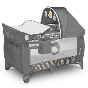 Patut pliant, Lionelo, Sven Plus, 120x60 cm, Cu doua nivele, Cu arcada jucarii, masuta de infasat, vibratii, melodii  conform cu standardele europeane de securitate EN716 si EN12221, Grey Scandi
