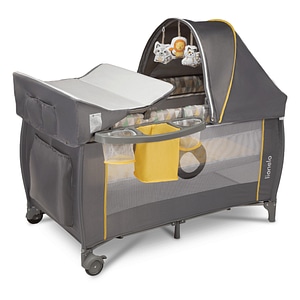 Patut pliant, Lionelo, Sven Plus, 120x60 cm, Cu doua nivele, Cu arcada jucarii, masuta de infasat  vibratii, melodii, conform cu standardele europeane de securitate EN716 si EN12221, Yellow Scandi