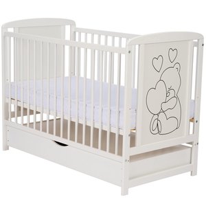 Qmini - Patut lemn Timmi Heart 120x60 cm, sertar, lemn de pin si mdf, Stabil si rezistent, Inaltime saltea reglabila pe 3 nivele, Laterala 3 bete detasabile, EN716-1, EN716-2, Alb
