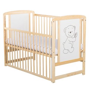 BabyNeeds - Patut lemn Timmi 120x60 cm, laterala culisanta, lemn de pin si mdf, Stabil si rezistent, Inaltime saltea reglabila pe 3 nivele, Laterala 3 bete detasabile, EN716-1, EN716-2, Natur