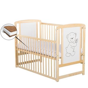 BabyNeeds - Patut lemn Timmi 120x60 cm, laterala culisanta, lemn de pin si mdf, Stabil si rezistent, Inaltime saltea reglabila pe 3 nivele, Laterala 3 bete detasabile, EN716-1, EN716-2, Natur + Saltea 12 cm