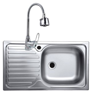 Set chiuveta inox anticalcar de blat + baterie pipa flexibila, 43.5x76 cm, cuva dreapta