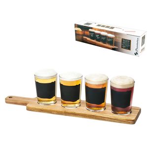 Set   degustare bere , 4 pahare cu suport lemn 40x10 cm
