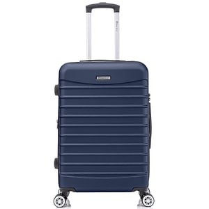 Troler mediu extensibil Quasar & Co., 66x41x26-31 cm, bagaj cu cifru, valiza cu fermoar antifurt, maner telescopic lung, geamantan cu 4 roti duble silentioase 360, ABS 2.8 mm extradur, captuseala buretata, 2 compartimente cu buzunar, LINE, bleumarin