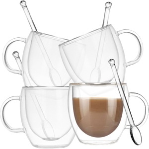 Set 4 cani cu pereti dubli si 4 lingurite, Quasar & Co., model rotund, termorezistenta, lingurita ceai/cafea, 250 ml, sticla, transparent