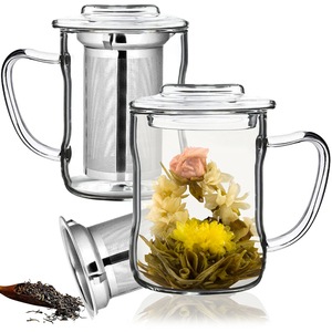 Set 2 cani ceai cu infuzor metalic, Quasar & Co., cu capac, termorezistente, sticla/metal, 320 ml, transparent