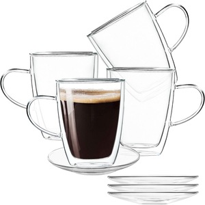 Set 4 cani si 4 farfurioare, Quasar & Co., farfurioara 10.5 cm, cana 350 ml cu pereti dubli, termorezistenta, transparent